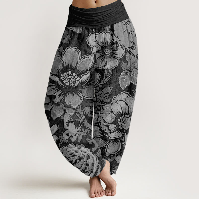 Pantalones harén con cintura elástica para mujer, diseño de flores de peonía y mariposas con Buddha Stones - Negro - US22，UK/AU26，EU54 (6XL) - image 5