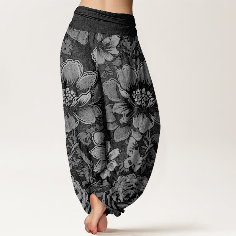 Pantalones harén con cintura elástica para mujer, diseño de flores de peonía y mariposas con Buddha Stones - image 5