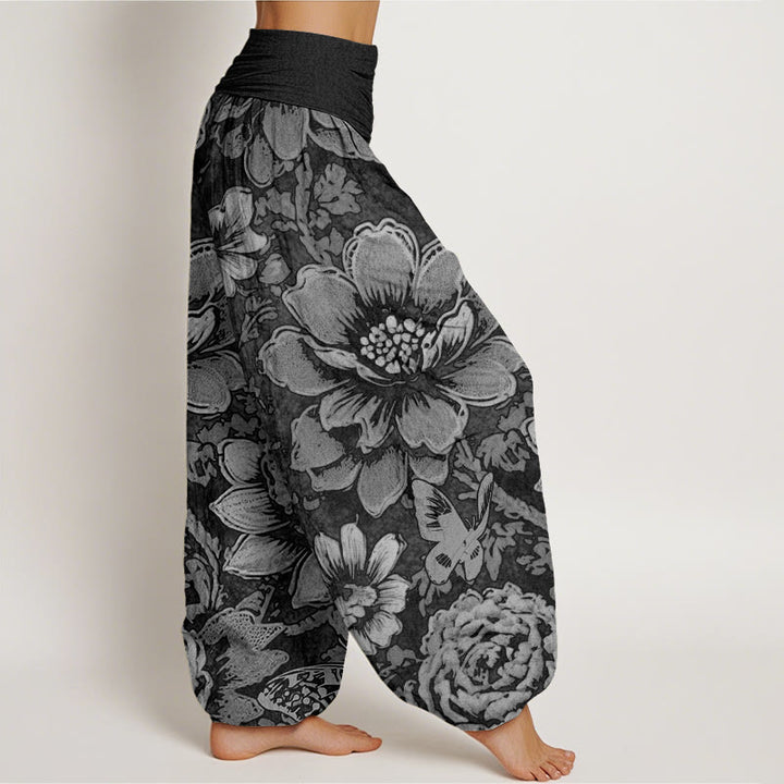 Pantalones harén con cintura elástica para mujer, diseño de flores de peonía y mariposas con Buddha Stones - image 7