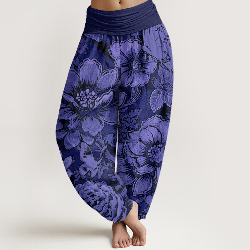 Pantalones harén con cintura elástica para mujer, diseño de flores de peonía y mariposas con Buddha Stones - Violeta oscuro - US22，UK/AU26，EU54 (6XL) - image 7