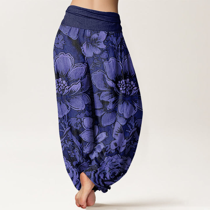Pantalones harén con cintura elástica para mujer, diseño de flores de peonía y mariposas con Buddha Stones - image 9