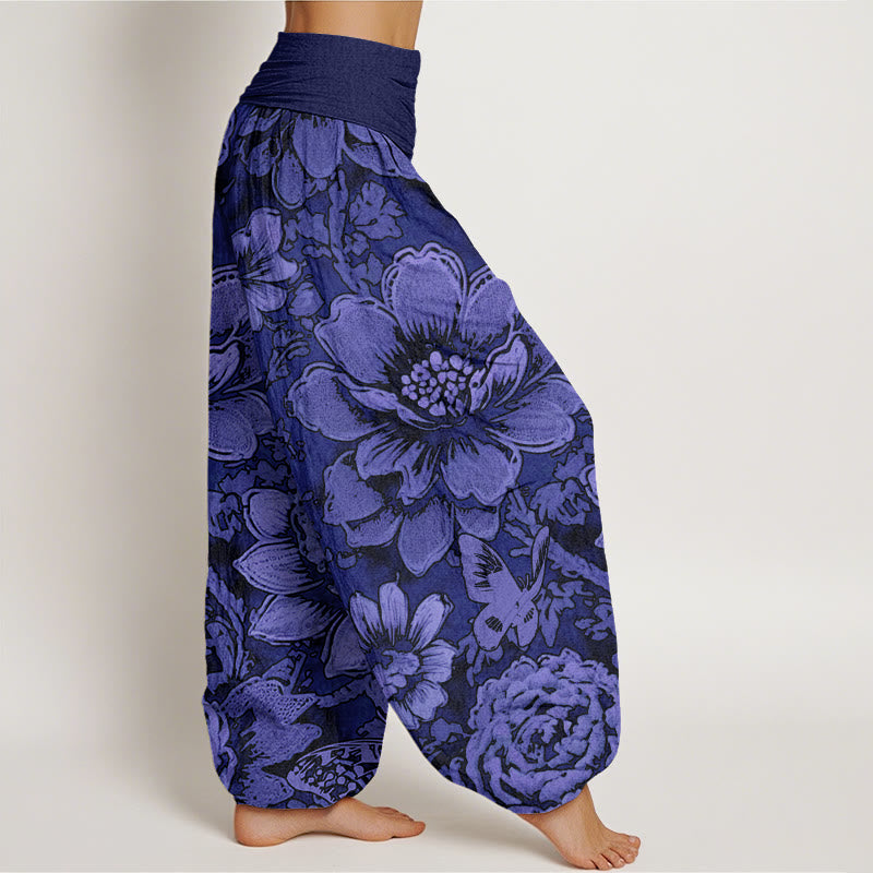 Pantalones harén con cintura elástica para mujer, diseño de flores de peonía y mariposas con Buddha Stones - image 10