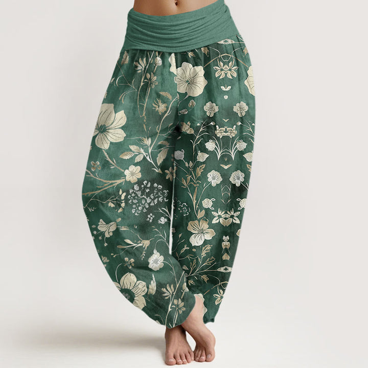 Pantalones harén para mujer con cintura elástica y diseño de flores blancas y vides sinuosas. - Aguamarina medio - US22，UK/AU26，EU54 (6XL) - image 0