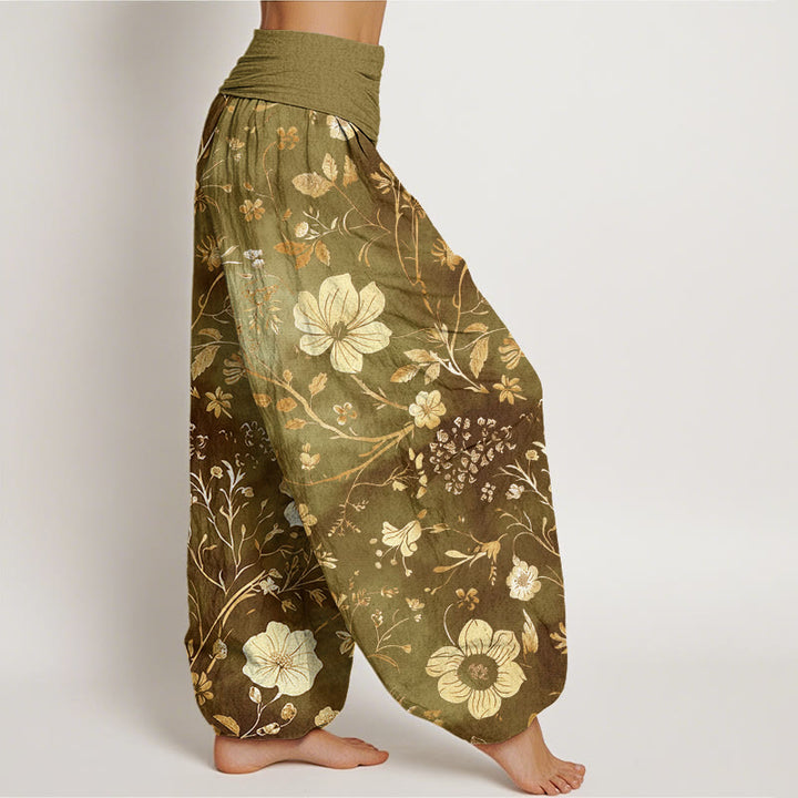 Pantalones harén para mujer con cintura elástica y diseño de flores blancas y vides sinuosas. - image 6