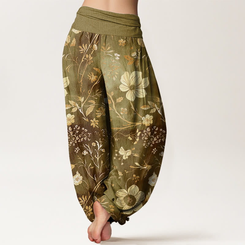 Pantalones harén para mujer con cintura elástica y diseño de flores blancas y vides sinuosas. - image 5