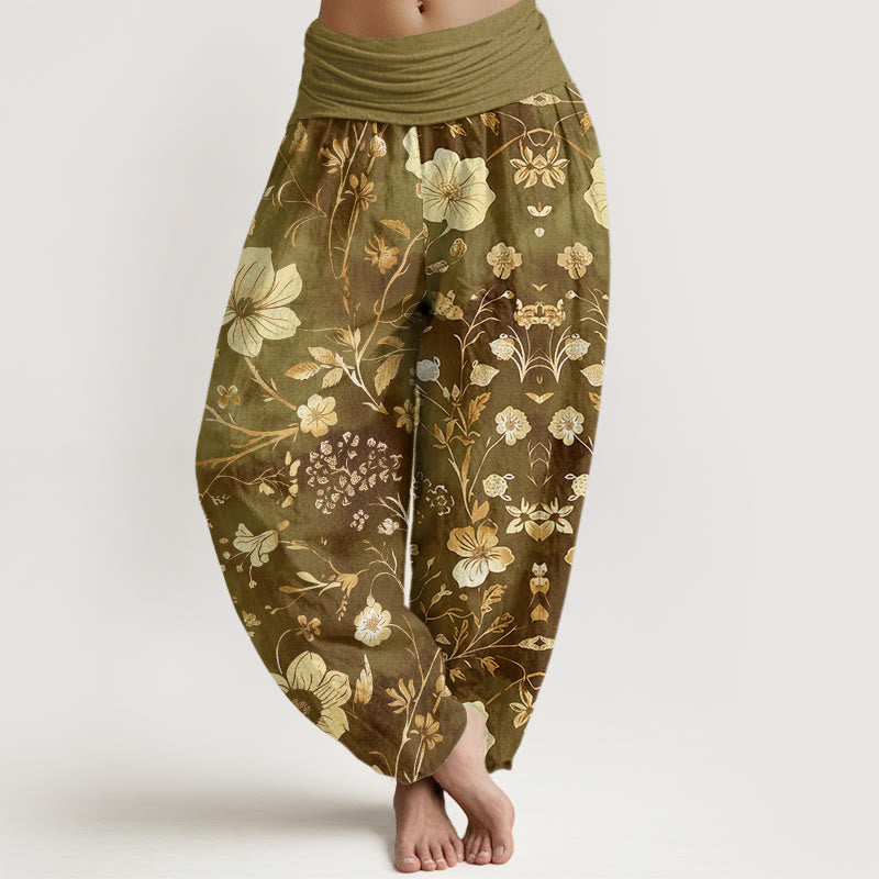 Pantalones harén para mujer con cintura elástica y diseño de flores blancas y vides sinuosas. - Caqui oscuro - US22，UK/AU26，EU54 (6XL) - image 5