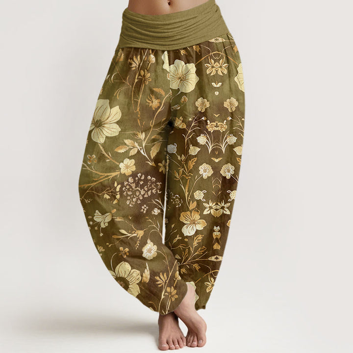 Pantalones harén para mujer con cintura elástica y diseño de flores blancas y vides sinuosas. - Caqui oscuro - US22，UK/AU26，EU54 (6XL) - image 5
