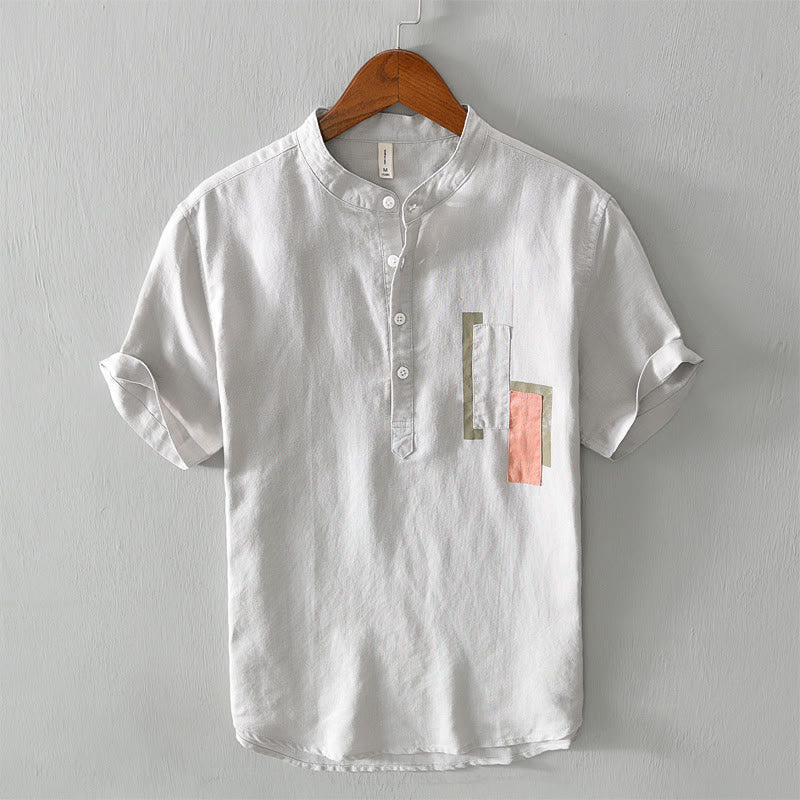 Camisa de lino y algodón de manga corta para hombre con diseño a juego de colores y parches lisos de Buddha Stones Daily - Gainsboro - US/UK/AU42, EU52 (3XL) - image 0
