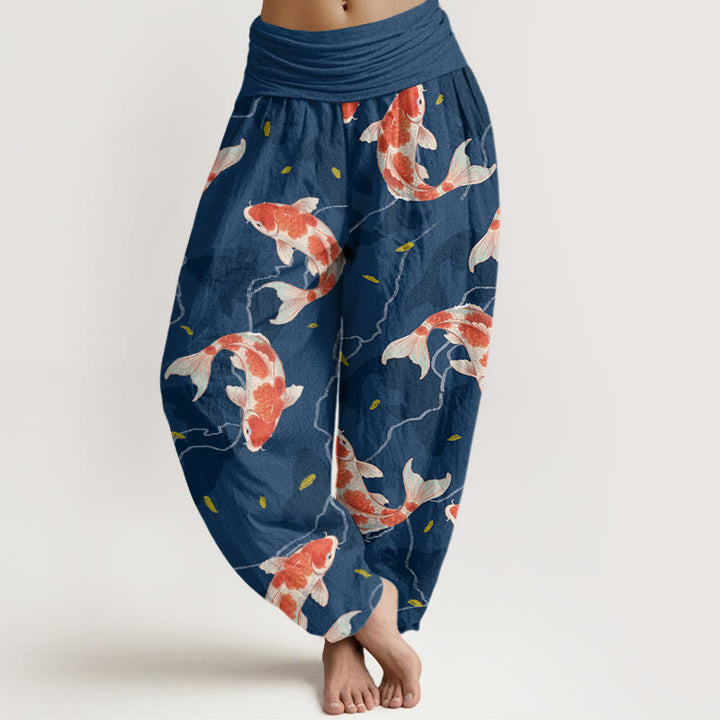 Pantalones bombachos de cintura elástica para mujer con estampado de peces koi rojos y blancos en algodón con Buddha Stones - Azul acero - US22，UK/AU26，EU54 (6XL) - image 0