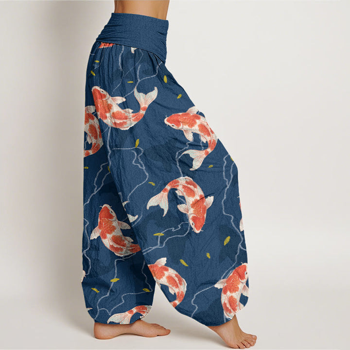 Pantalones bombachos de cintura elástica para mujer con estampado de peces koi rojos y blancos en algodón con Buddha Stones - image 2