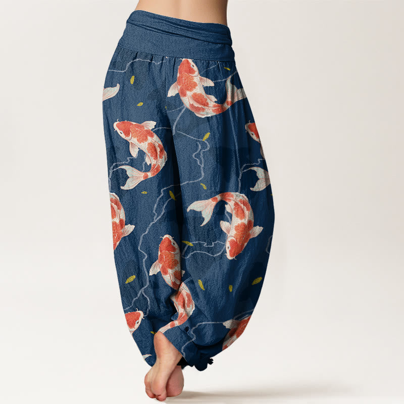 Pantalones harén con cintura elástica para mujer, con diseño de pez koi rojo y blanco y Buddha Stones - image 2