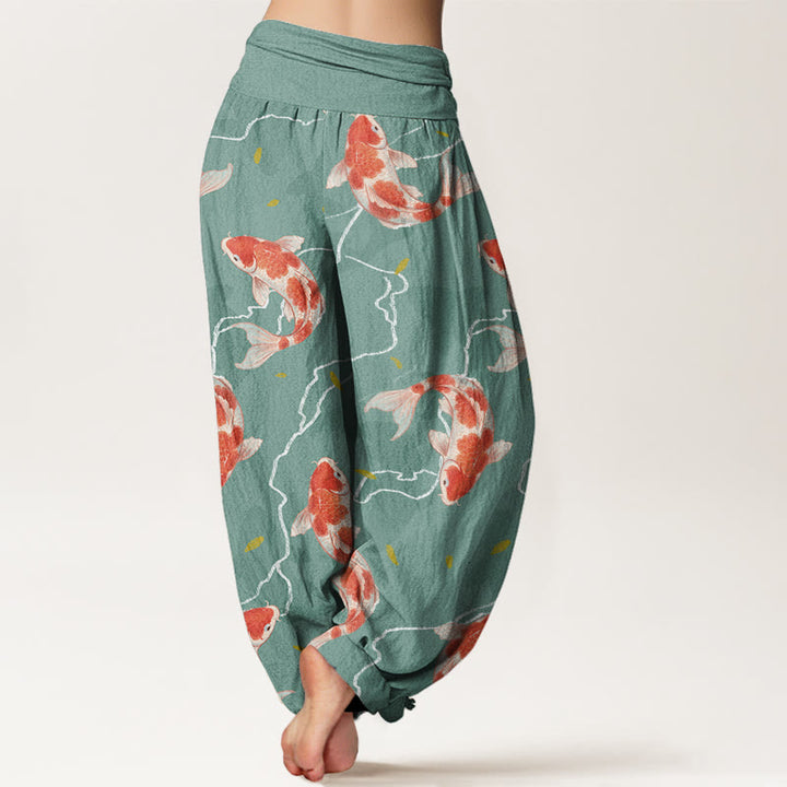 Pantalones bombachos de cintura elástica para mujer con estampado de peces koi rojos y blancos en algodón con Buddha Stones - image 5
