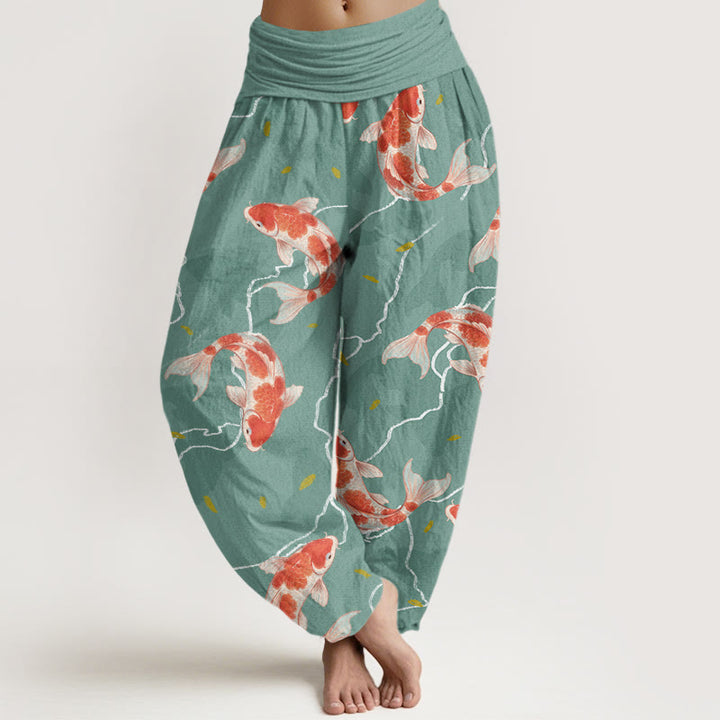 Pantalones harén con cintura elástica para mujer, con diseño de pez koi rojo y blanco y Buddha Stones - Turquesa medio - US22，UK/AU26，EU54 (6XL) - image 5