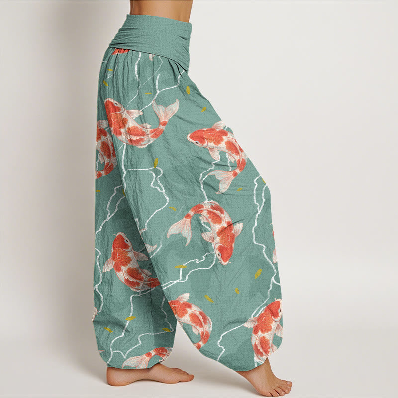 Pantalones bombachos de cintura elástica para mujer con estampado de peces koi rojos y blancos en algodón con Buddha Stones - image 6