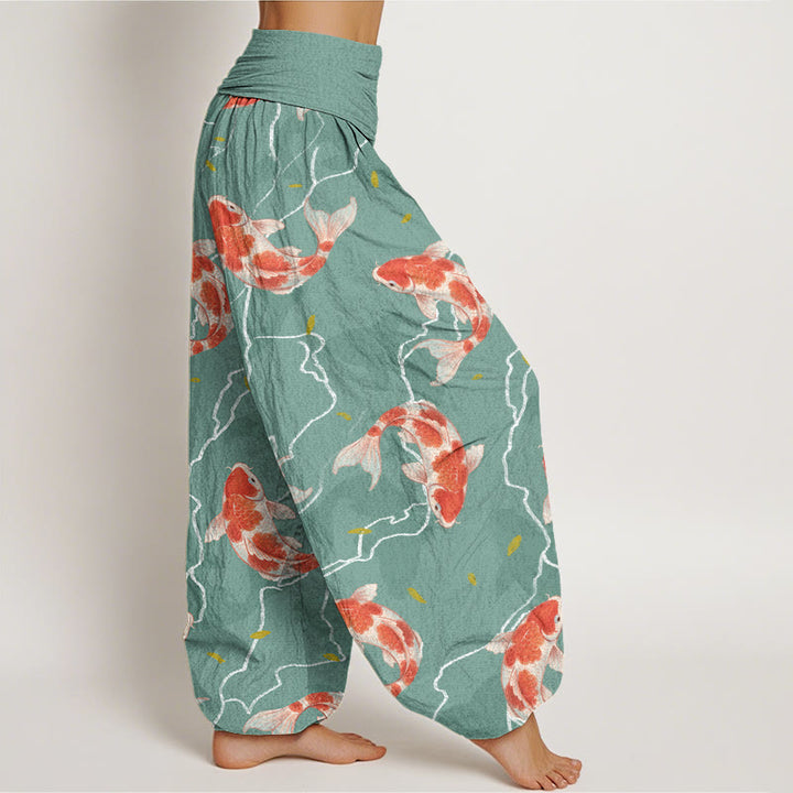 Pantalones bombachos de cintura elástica para mujer con estampado de peces koi rojos y blancos en algodón con Buddha Stones - image 6
