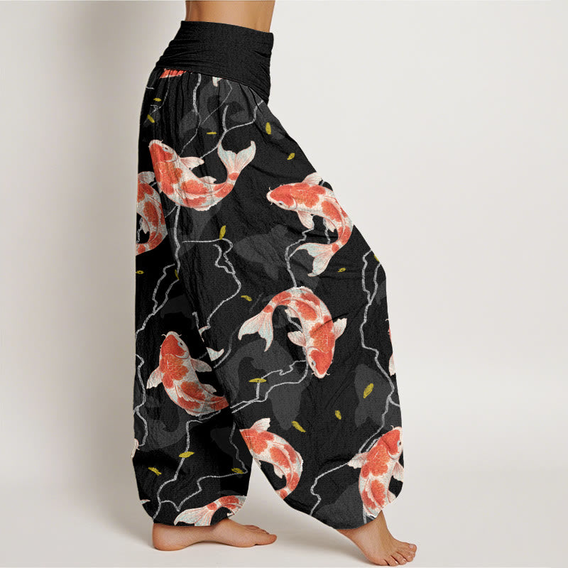 Pantalones bombachos de cintura elástica para mujer con estampado de peces koi rojos y blancos en algodón con Buddha Stones - image 9