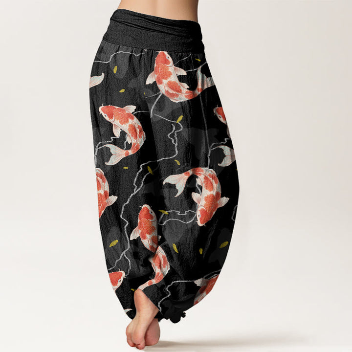 Pantalones harén con cintura elástica para mujer, con diseño de pez koi rojo y blanco y Buddha Stones - image 8
