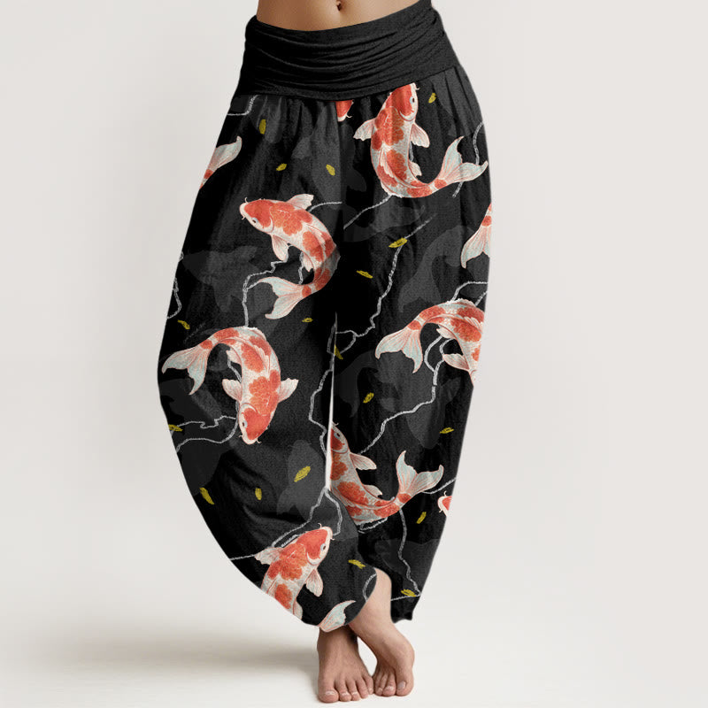 Pantalones harén con cintura elástica para mujer, con diseño de pez koi rojo y blanco y Buddha Stones - Negro - US22，UK/AU26，EU54 (6XL) - image 7