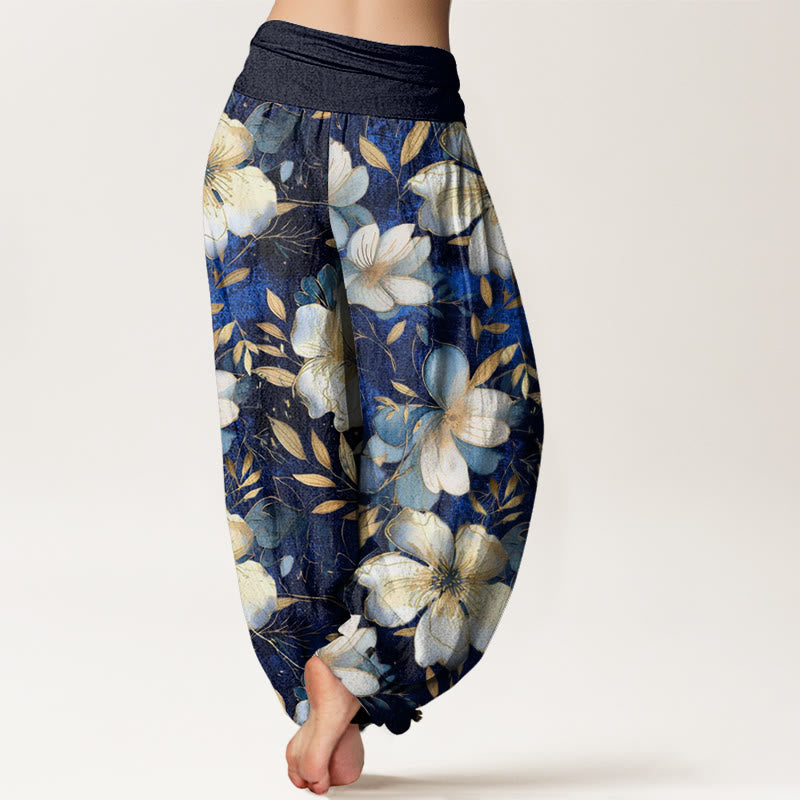 Pantalones harén para mujer con cintura elástica y diseño de flores blancas cremosas con Buddha Stones - image 2