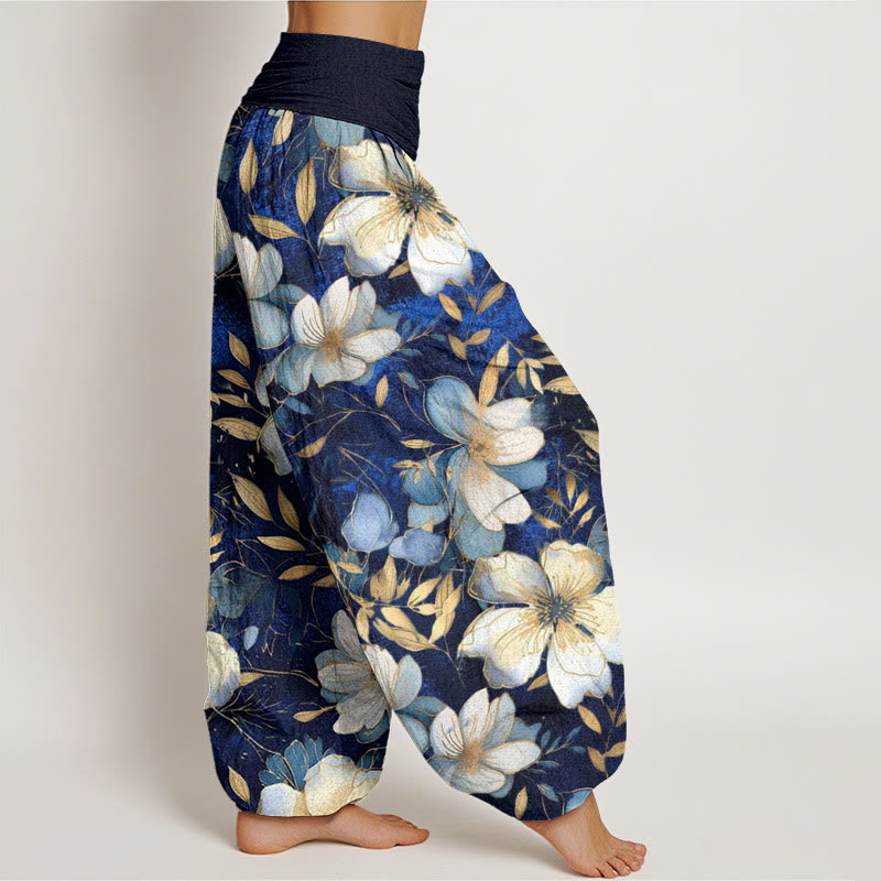 Pantalones harén para mujer con cintura elástica y diseño de flores blancas cremosas con Buddha Stones - image 3