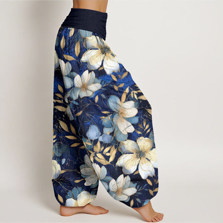 Pantalones harén para mujer con cintura elástica y diseño de flores blancas cremosas con Buddha Stones - image 3