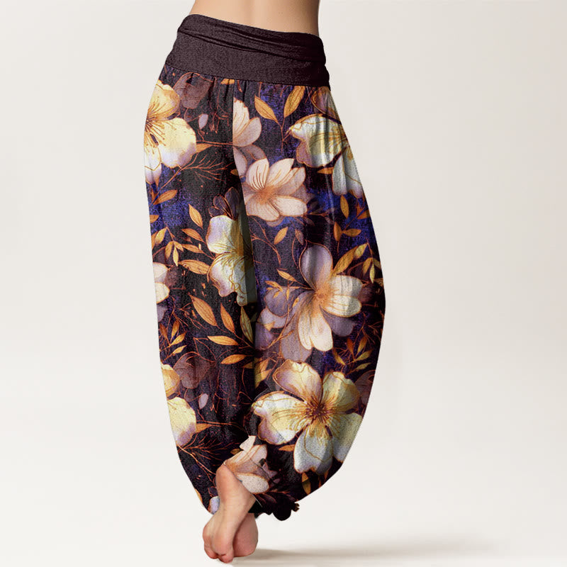 Pantalones harén para mujer con cintura elástica y diseño de flores blancas cremosas con Buddha Stones - image 6