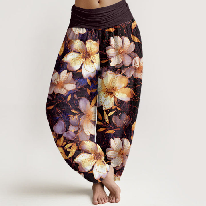 Pantalones harén para mujer con cintura elástica y diseño de flores blancas cremosas con Buddha Stones - Perú - US22，UK/AU26，EU54 (6XL) - image 5