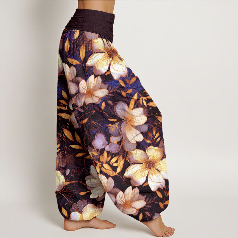 Pantalones harén para mujer con cintura elástica y diseño de flores blancas cremosas con Buddha Stones - image 7