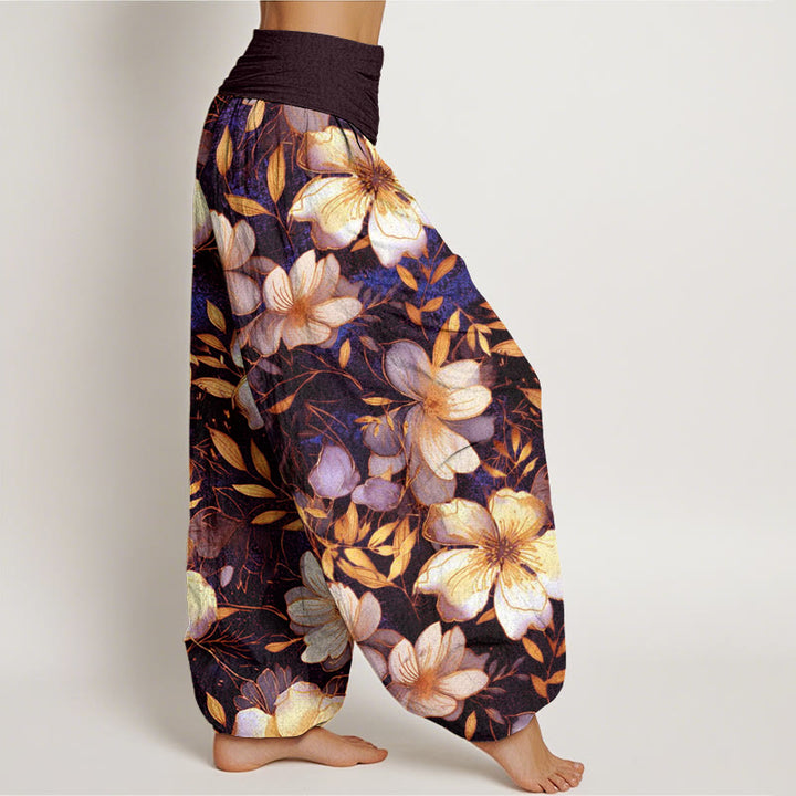 Pantalones harén para mujer con cintura elástica y diseño de flores blancas cremosas con Buddha Stones - image 7