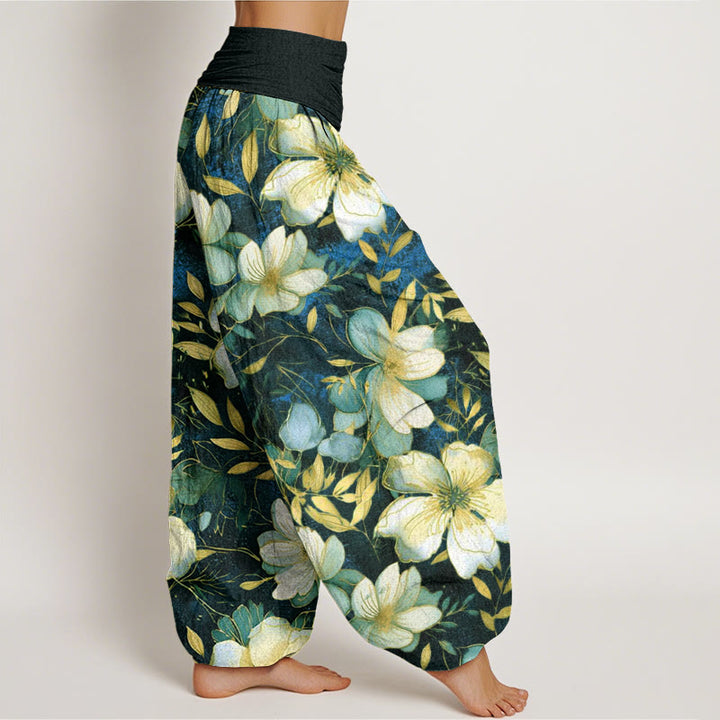 Pantalones harén para mujer con cintura elástica y diseño de flores blancas cremosas con Buddha Stones - image 10