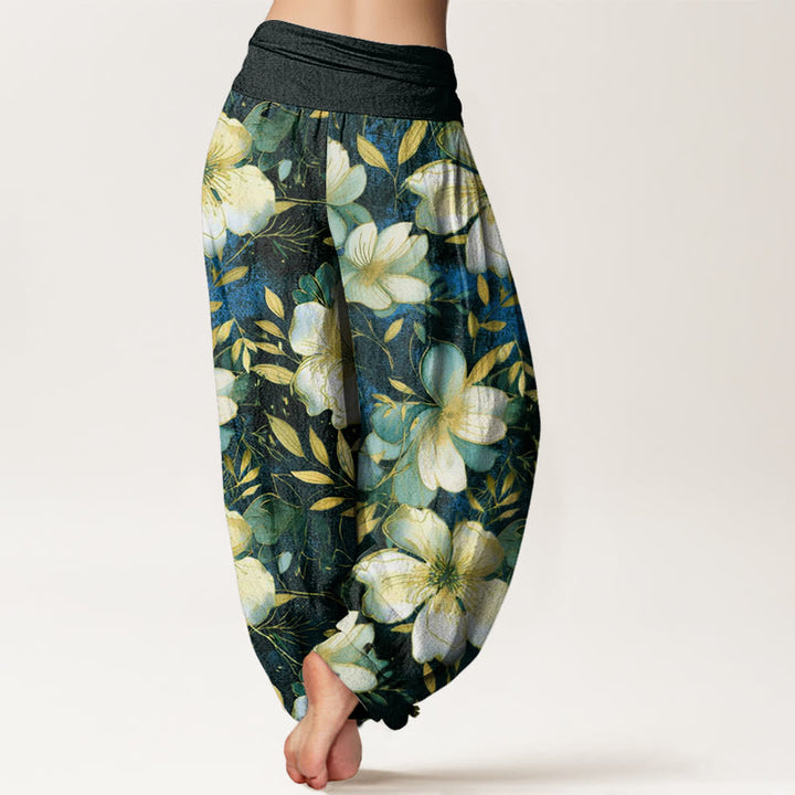 Pantalones harén para mujer con cintura elástica y diseño de flores blancas cremosas con Buddha Stones - image 9