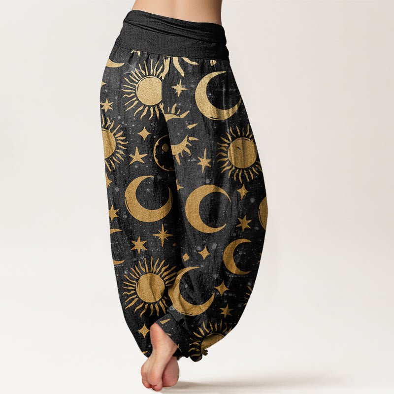 Pantalones bombachos de cintura elástica para mujer con diseño de piedras de Buddha Stones, luna creciente, sol y estrellas, de algodón. - image 1