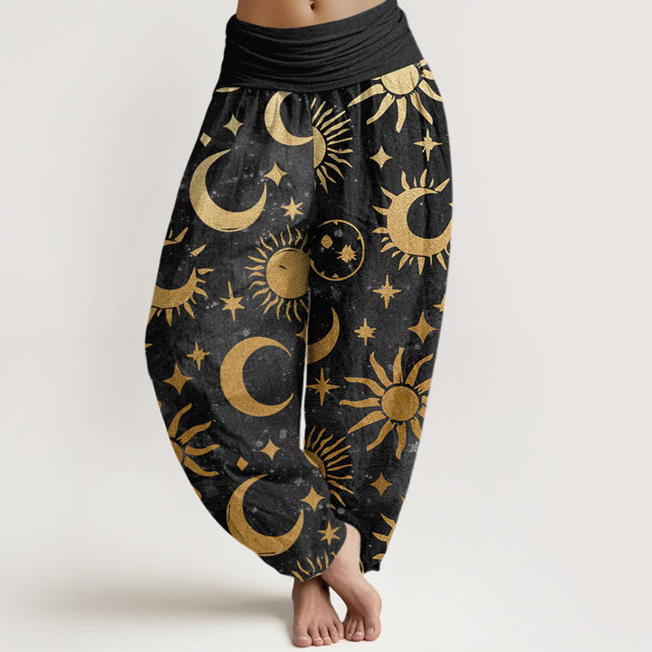 Pantalones harén con cintura elástica para mujer, diseño de Buddha Stones, luna creciente, sol y estrellas - Negro - US22，UK/AU26，EU54 (6XL) - image 1