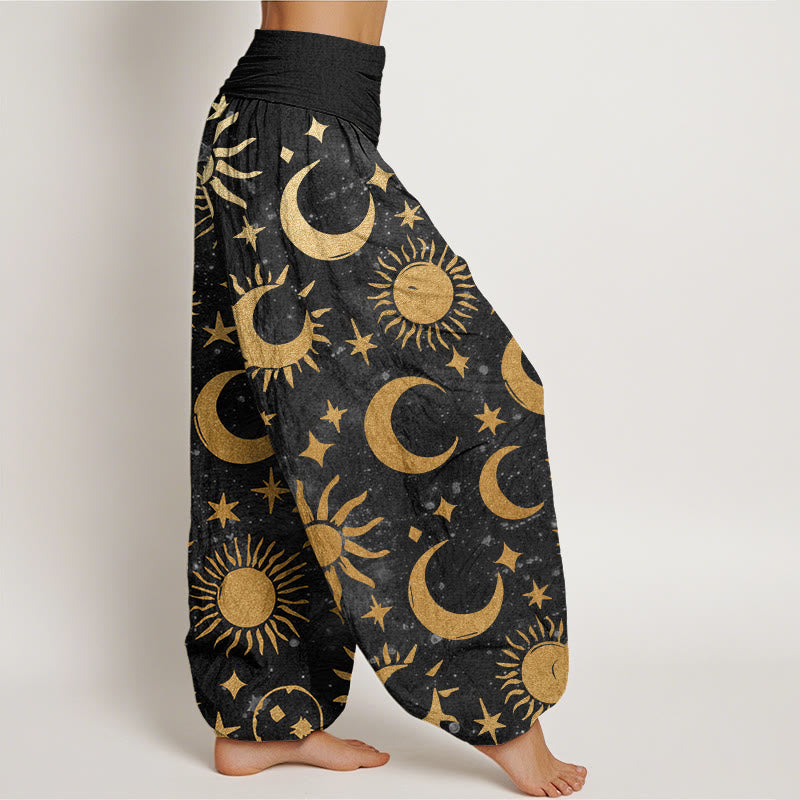 Pantalones harén con cintura elástica para mujer, diseño de Buddha Stones, luna creciente, sol y estrellas - image 2