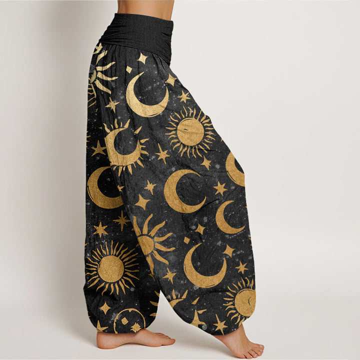 Pantalones harén con cintura elástica para mujer, diseño de Buddha Stones, luna creciente, sol y estrellas - image 2