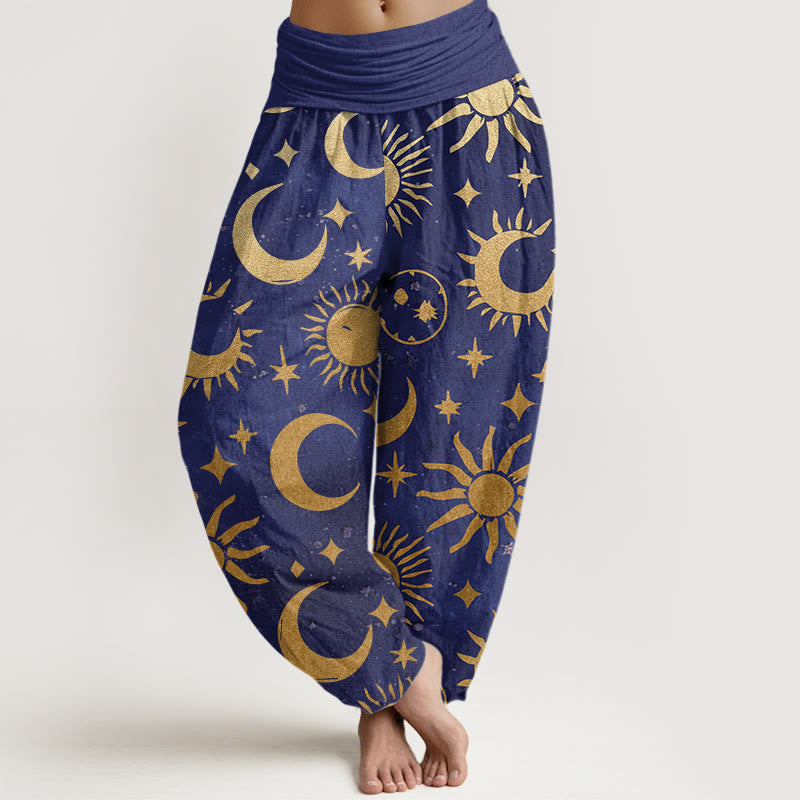 Pantalones harén con cintura elástica para mujer, diseño de Buddha Stones, luna creciente, sol y estrellas - Azul pizarra - US22，UK/AU26，EU54 (6XL) - image 4