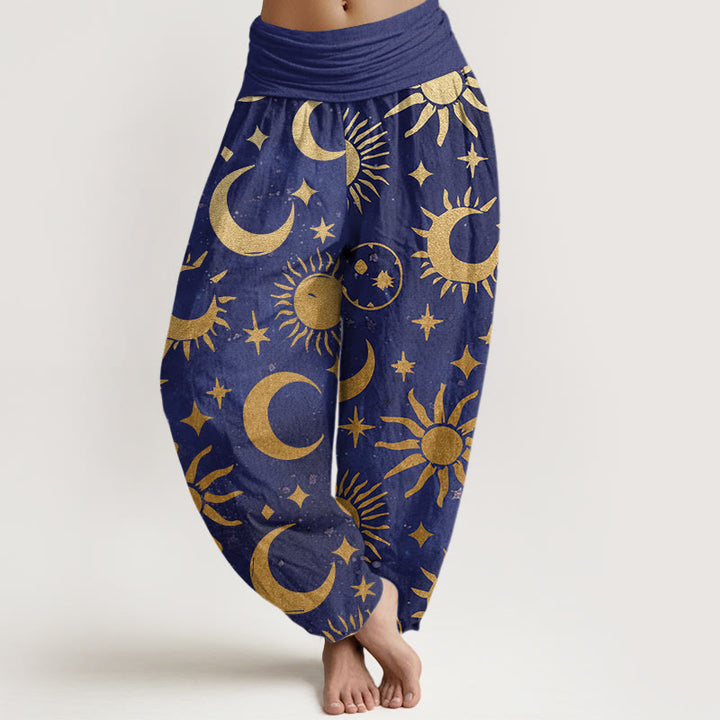 Pantalones harén con cintura elástica para mujer, diseño de Buddha Stones, luna creciente, sol y estrellas - Azul pizarra - US22，UK/AU26，EU54 (6XL) - image 4