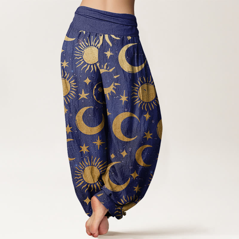 Pantalones bombachos de cintura elástica para mujer con diseño de piedras de Buddha Stones, luna creciente, sol y estrellas, de algodón. - image 5