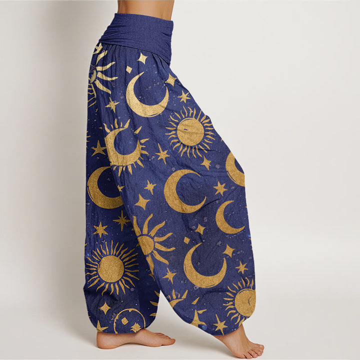 Pantalones harén con cintura elástica para mujer, diseño de Buddha Stones, luna creciente, sol y estrellas - image 6