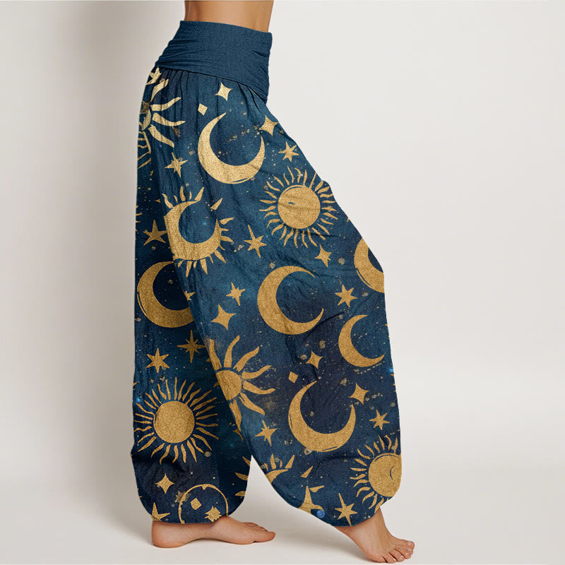 Pantalones bombachos de cintura elástica para mujer con diseño de piedras de Buddha Stones, luna creciente, sol y estrellas, de algodón. - image 9