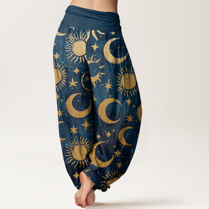 Pantalones bombachos de cintura elástica para mujer con diseño de piedras de Buddha Stones, luna creciente, sol y estrellas, de algodón. - image 8