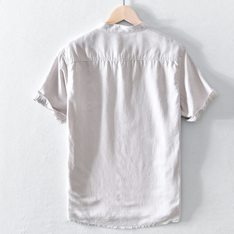 Camisa de lino y algodón de manga corta para hombre, con cuello alto, diseño de medio botón y Buddha Stones en color liso - image 1