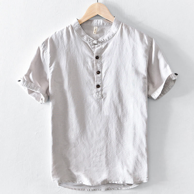 Camisa de lino y algodón de manga corta para hombre, con cuello alto, diseño de medio botón y Buddha Stones en color liso - Lino - US/UK/AU46, EU56 (5XL) - image 0