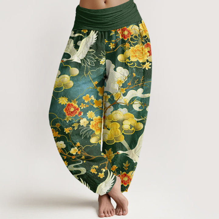 Pantalones harén con cintura elástica para mujer, diseño de Buddha Stones, nubes auspiciosas, grullas blancas y flores rojas - Verdemar - US22，UK/AU26，EU54 (6XL) - image 8