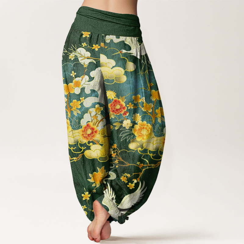 Pantalones harén con cintura elástica para mujer, diseño de Buddha Stones, nubes auspiciosas, grullas blancas y flores rojas - image 9