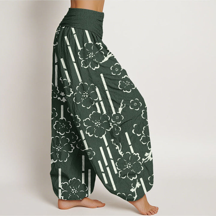 Pantalones harén con cintura elástica para mujer con diseño floral de líneas y Buddha Stones - image 3
