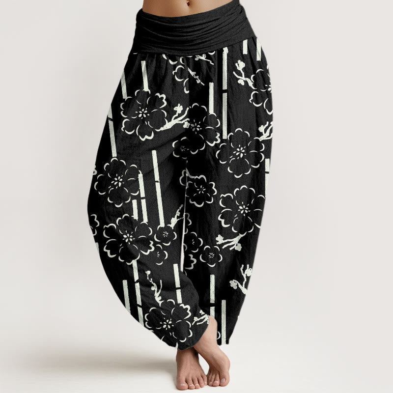 Pantalones harén con cintura elástica para mujer con diseño floral de líneas y Buddha Stones - Negro - US22，UK/AU26，EU54 (6XL) - image 5