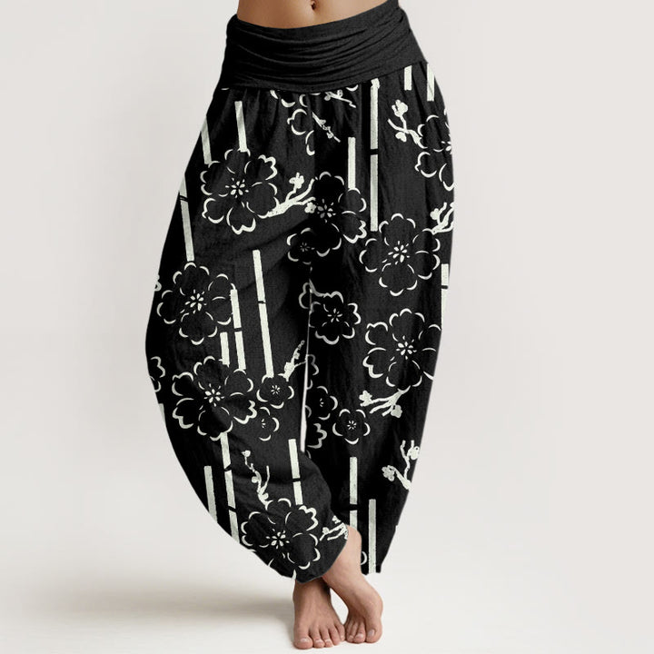 Pantalones harén con cintura elástica para mujer con diseño floral de líneas y Buddha Stones - Negro - US22，UK/AU26，EU54 (6XL) - image 5