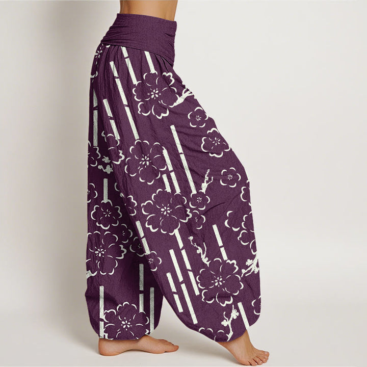 Pantalones harén con cintura elástica para mujer con diseño floral de líneas y Buddha Stones - image 10