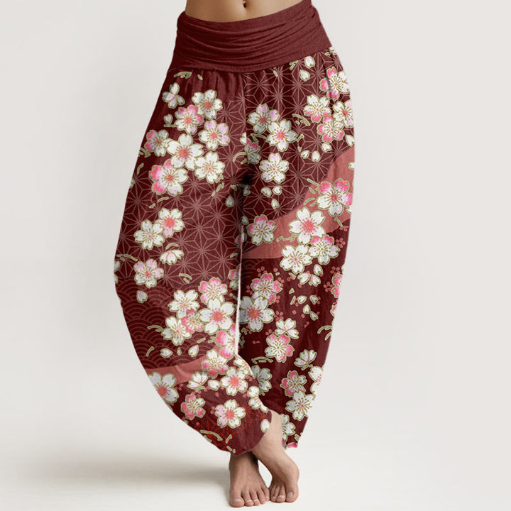 Pantalones harén de cintura elástica para mujer con diseño de estrellas de seis puntas, flores de cerezo rosa y piedras de Buddha Stones - Rojo oscuro - US22，UK/AU26，EU54 (6XL) - image 1